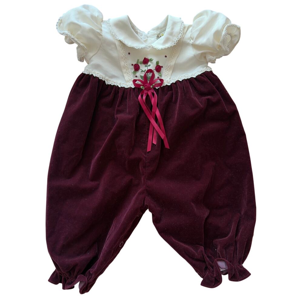 Vintage 90s Baby Togs Burgundy Velvet Holiday Bubble Romper 3-6M